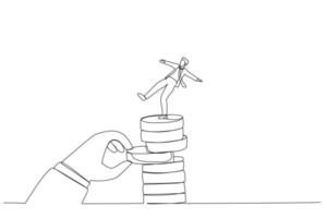 Drawing of giant hand pull back money from coin stack causing businessman to fall down. Metaphor for investment risk, liquidity, market volatility. Single continuous line art vector