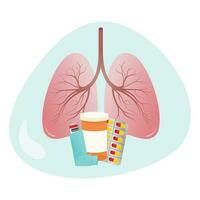 Corticosteroid and cortisone medications with an inhaler, prescription bottle, packet of pills and lungs in the background vector