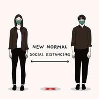 el hombre y la mujer usan mascarilla y mantienen el distanciamiento físico o social para evitar que los virus se propaguen a otras personas. nuevo estilo de vida normal. ilustración vectorial vector