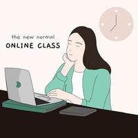 mujer joven haciendo clase en línea o reunión en línea en su computadora portátil. la clase en línea es nueva normalidad para estudiar durante la pandemia. vector