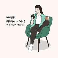 una joven que trabaja desde casa usa un smartphone y disfruta del café de la mañana sentado en una silla cómoda. nuevo estilo de vida normal. ilustración vectorial dibujada a mano. vector