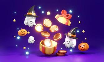 3D Rendering of cute little ghost with gift box open with money coin concept of Halloween background for commercial advertising design. 3d render cartoon style. photo