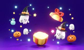 3D Rendering of cute little ghost with gift box open with space concept of Halloween background for commercial advertising design. 3d render cartoon style. photo