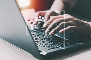 Man typing login and password, cyber security concept, Secure encryption and access to the user's private information to access the Internet. photo