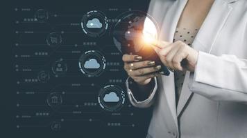 Cloud technology data storag concept, woman's hand using a smartphone to use, backup, store in Cloud Data storag as an online connection. Files can be retrieved at any time. convenient and safe photo