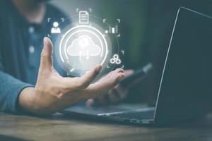 The concept of using technology to connect data to the world, business man use smartphones. online transaction on the internet Big data is used marketing payment Search information photo