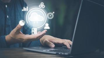 The concept of using technology to connect data to the world, business man use smartphones. online transaction on the internet Big data is used marketing payment Search information photo