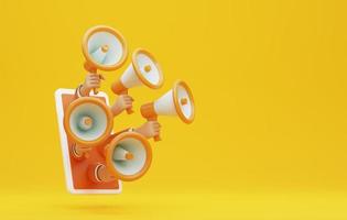 Several hands holding megaphones on smartphones in yellow background. 3d rendering,3d illustration. photo