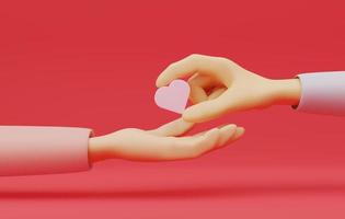 mano que sostiene el corazón sobre fondo rosa. dar amor o donación apoyo social, caridad y ayuda. representación 3d, ilustración 3d, foto