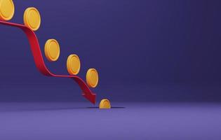 Red arrow graph pointing down apile of coins falling into hole on purple background. 3d rendering,3d illustration. photo