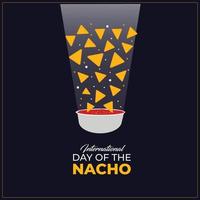 día internacional del nacho. 21 de octubre. chips de maíz nachos mexicanos con icono de salsa roja. plantilla para fondo, pancarta, tarjeta, póster. ilustración vectorial vector