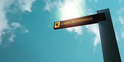 A New Beginning Concept. Start a New Life or Business. Direction Sign Head to Above the Sky on Sunny Day. Low Angle View photo