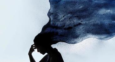 Mental Health Disorder Concept. Exhausted Depressed Female touching Forehead. Stressed Woman combined with Silhouette photo and Watercolor.  Depression Psychology inside her Head
