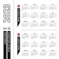 Two versions of 2023 calendar in French, week starts from Monday and week starts from Sunday. vector