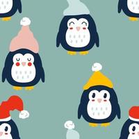 pingüinos de invierno en patrones sin fisuras de sombreros. vector