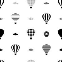 Monochrome seamless pattern with hot air balloons, clouds and sun. vector