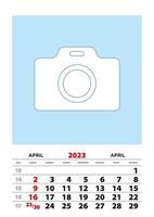 April 2023 calendar planner A3 size with place for your photo. vector