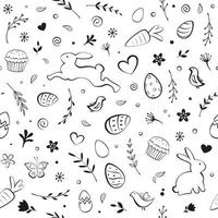 Seamless Easter pattern with eggs, bunny, flowers, birds, cakes, hearts, butterflies, and carrots on white background vector