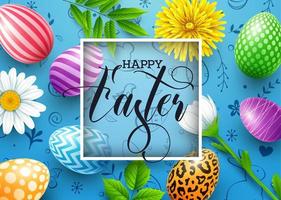 tarjeta de pascua feliz con huevos de colores, flores, orejas de conejo, insectos en formas redondas sobre fondo azul vector