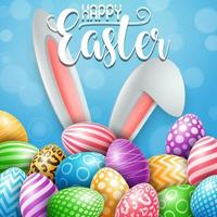Happy Easter card with colored eggs, flowers, bunny ears, insect in round shapes on blue background vector