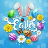 Happy Easter card with colored eggs, flowers, bunny ears, insect in round shapes on blue background vector