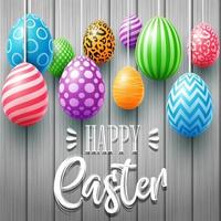 Happy Easter card with colored eggs, flowers, bunny ears and insect in round shapes on wood background vector