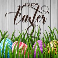 Happy Easter card with colored eggs, flowers, bunny ears and insect in round shapes on wood background vector