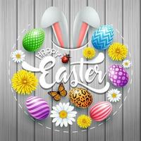 Happy Easter card with colored eggs, flowers, bunny ears and insect in round shapes on wood background vector