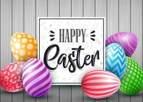 Happy Easter card with colored eggs, flowers, bunny ears and insect in round shapes on wood background