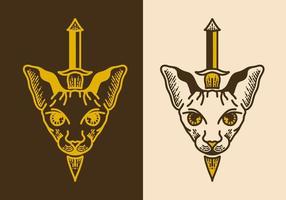 Sword on sphynx cat head vintage retro line art vector