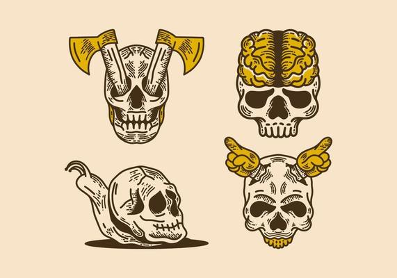 Skull artwork set vintage retro line art