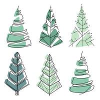 Christmas trees drawing in Minimal Art style vector isolated set.Abstract Christmas trees in scandinavian style, festive modern design element for New Year and holiday decoration.Hand drawn