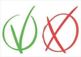 A set of green checkmark and red cross. Signs of agreement and denial. YES and NO symbol for voting, testing. Flat tick. Vector isolated icon. The sign is prohibited.