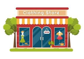 tienda de ropa de moda para mujer plantilla dibujada a mano ilustración plana de dibujos animados con compras productos de compra tela o diseño de vestidos vector