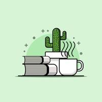 diseño moderno de ilustraciones planas de cactus, libros y una taza de café o té en la mesa vector