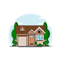 illustration of a brown wall house with grass and pine trees vector