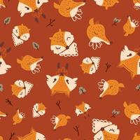 Tile of hand drawn seamless fox heads. Seamless pattern motif creative print, woodland, with fall leaves and autumn foliage. Seamless texture for textile, fabric, apparel, wrapping, paper, stationery. vector