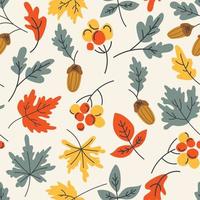 Seamless pattern of autumn leaves in cartoon style with maple branches, leaves, rowan berry and pinecone on light background. Repeatable motif for seasonal fall. Colorful repeating flat graphic. vector