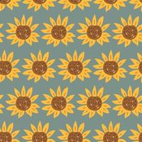 Seamless vector Sunflower Flowers Pattern on dark blue background, hand drawn backdrop. Repeatable motif for seasonal Autumn, Fall and Thanksgiving. Brick repeat simple seamless style.