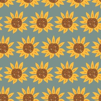 Seamless vector Sunflower Flowers Pattern on dark blue background, hand drawn backdrop. Repeatable motif for seasonal Autumn, Fall and Thanksgiving. Brick repeat simple seamless style.