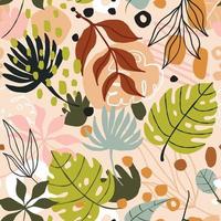 Tropical trendy abstract seamless pattern with monstera leaves and exotics plants with hand drawn textures on brown backdrop. Creative tropical motifs design coloured with brown colours. vector