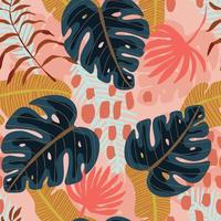 patrón impecable con exóticas hojas tropicales y plantas con adorno abstracto dibujado a mano sobre fondo de coral rosa. fondo floral de follaje delicado. ilustración del bosque vector