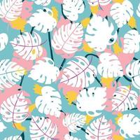 Seamless pattern with exotics tropical leaves and plants with abstract hand drawn ornament on happy colourful backdrop. Creative foliage floral background. Summer illustration. vector