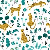 Seamless pattern of summer paradise in tropical jungles with cheetahs and foliage on white backdrop. Wild cats in different poses surrounded by exotic plants. Animalistic trendy style vector