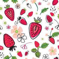 Summer seamless pattern with strawberries and flowers on white backdrop. Hand drawn, rough and sketch style. Surface design vector illustration