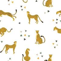 Seamless pattern with wild cats Cheetahs in different poses and triangle dots accents on white backdrop. Great for wrap paper, wallpapers, web page, surface design textile vector