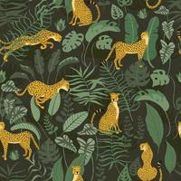 Seamless pattern with Cheetahs in wild jungle surrounded with exotics plants of rainforest. Tropical flora and fauna on dark green background. Great for wrap paper, wallpapers, surface textile vector