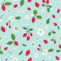 patrón sin costuras de verano con fresas silvestres dibujadas a mano y flores que florecen maravillosamente sobre fondo azul. diseño de superficies para textiles, papel de envolver y embalaje. vector