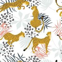 Seamless pattern of Cheetah with palm leaves and dots of Leopard print skin. Exotic art background coloured with pastel. Vector animalistic design for textile, fabric, wrap paper, or wallpaper.