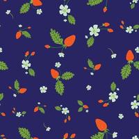 Summer seamless pattern with fresh red strawberries on blue backdrop. Surface design vector illustration, great for restaurants, bakeries, textiles, home decor, paper, packaging and wrapping use.